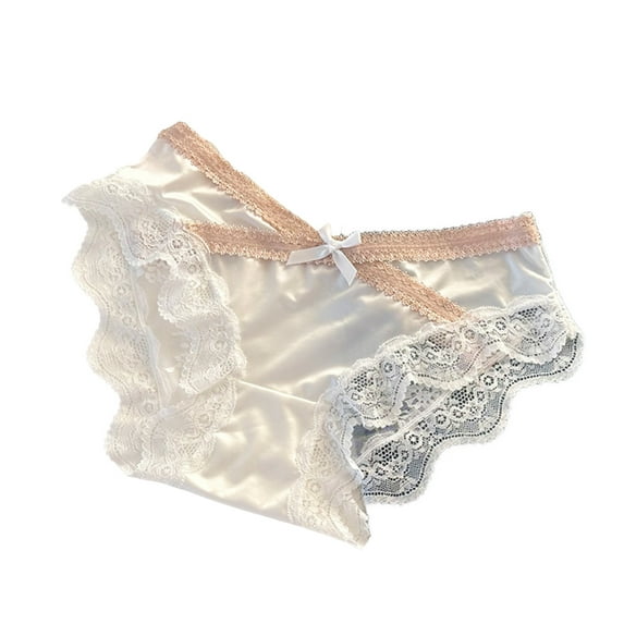 Women Lace Trim Panties Low Rise Stretch Briefs with Bow Silky Satin Bikini Underwear Ladies Underpants