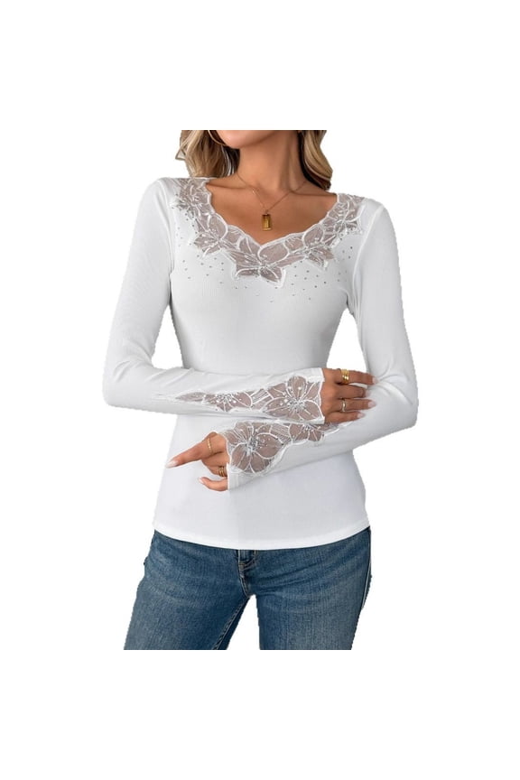 Women Lace Trim Rhinestone Long Sleeve T Shirt Solid Color Casual Slim Fit Top