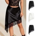 thumbnail image 1 of Women Lace Trim Satin Long Skirt Asymmetrical Silk Lace Skirt Elegant Elastic Waist Flowy A Line Midi Underskirt Black XL(XL), 1 of 8