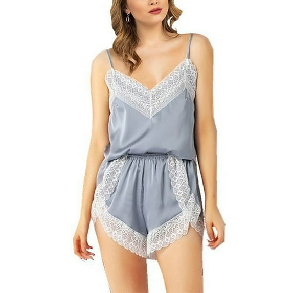Women Lace Trim Satin Sleepwear Pajamas Set V Neck Cami Top + Lingerie Shorts Sexy Nightwear S-XL