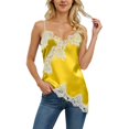 thumbnail image 1 of Women Lace Trim Satin Tank Top V Neck Silk Camisole Tops Asymmetrical Backless Spaghetti Strap Babydoll Lingerie Chemise Sleepwear, 1 of 4
