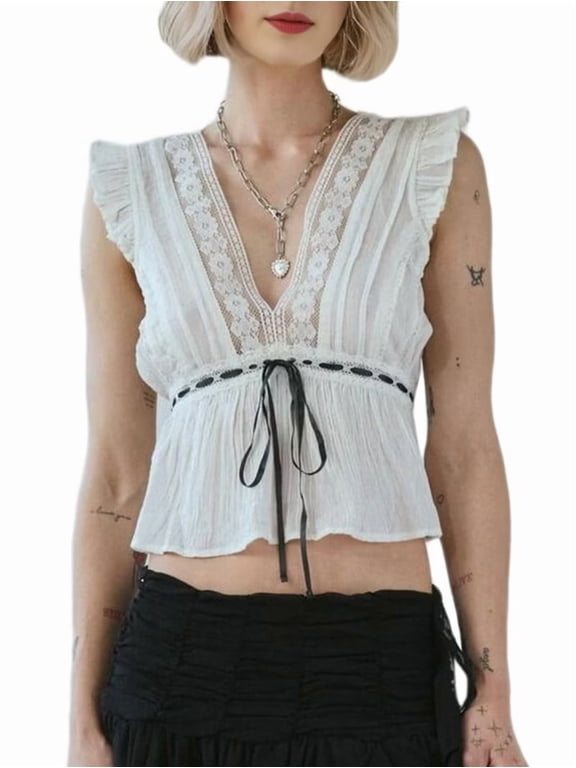 Women Lace Trim Shirts Sleeveless V Neck Flutter Sleeve Tie Front Cropped Tank Tops Slim Fit Going Out Tops White S