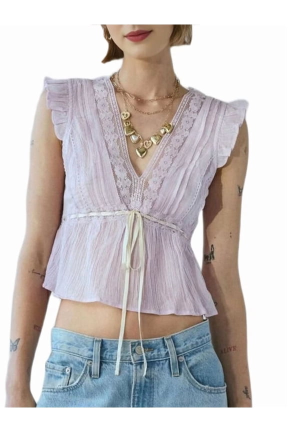 Women Lace Trim Shirts Sleeveless V Neck Flutter Sleeve Tie Front Cropped Tank Tops Slim Fit Tops Light M