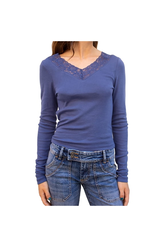 Women Lace Trim Short T-Shirts Fashion V-Neck Long Sleeve Shirts Spring Fall Slim Fit Tops Streetwear