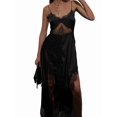 thumbnail image 1 of Women Lace Trim Spaghetti Dress Lounge Flowy Silky Black S, 1 of 8