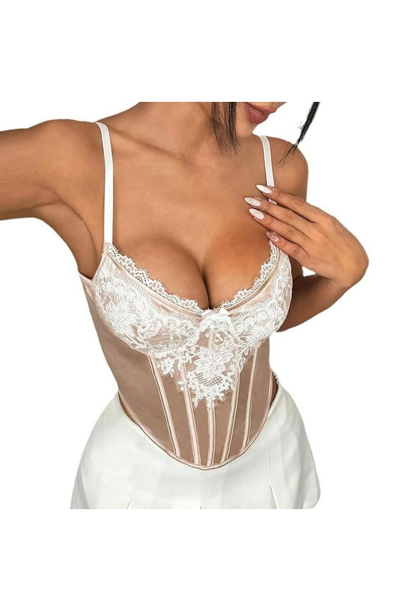 Women Lace Trim Strapless Bustier Corset Top Low Cut Sexy Button Up Bustier Lingerie Fashion Camisole