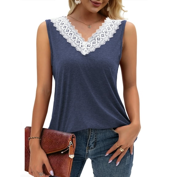 Women Lace Trim Tank Tops V Neck Fashion Casual Sleeveless Blouse Vest Shirts Navy M