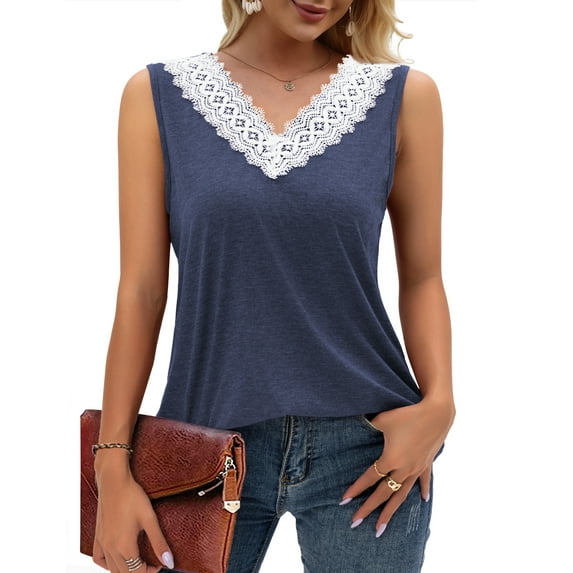 Women Lace Trim Tank Tops V Neck Fashion Casual Sleeveless Blouse Vest Shirts Navy XL