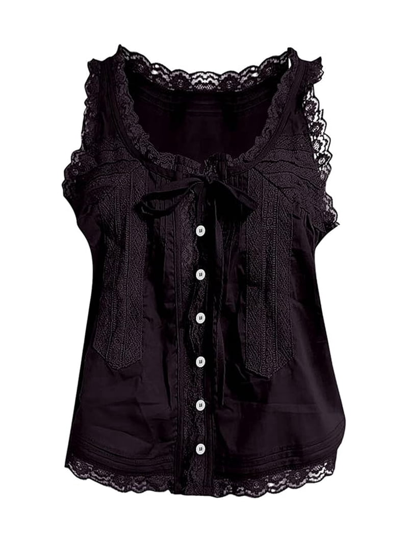 Women Lace Trim Tank Tops Y2k Tie Front Semi Sheer Crop Vest Cute
