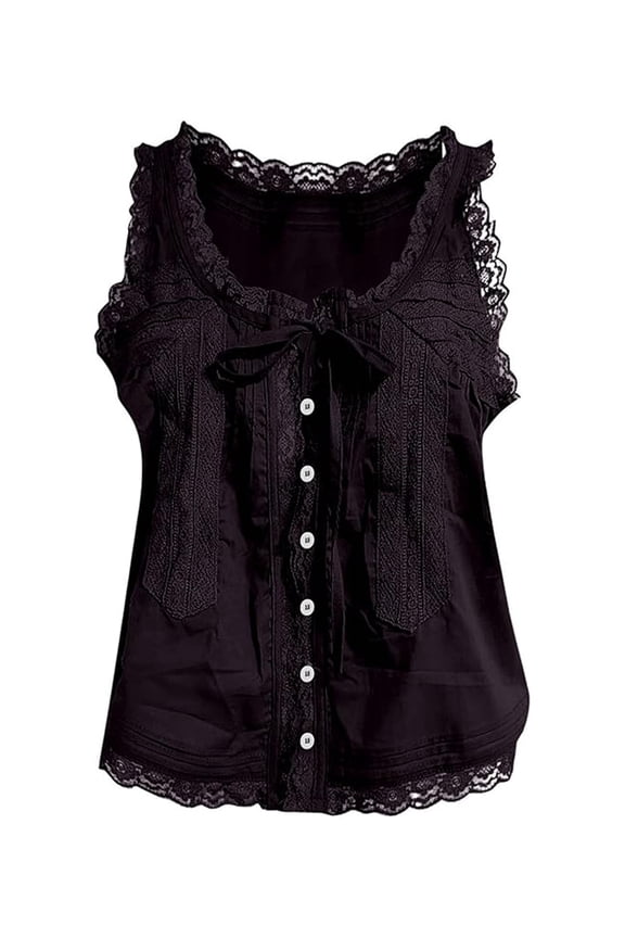 Women Lace Trim Tank Tops Y2k Tie Front Semi Sheer Crop Vest Cute Sleeveless Scoop Neck Flowy Shirt Black S