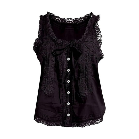 Women Lace Trim Tank Tops Y2k Tie Front Semi Sheer Crop Vest Cute Sleeveless Scoop Neck Flowy Shirt Black S