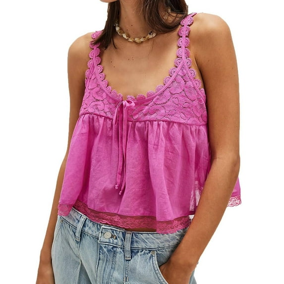 Women Lace Trim Tank Tops Y2k Tie Front Semi Sheer Crop Vest Cute Sleeveless Scoop Neck Flowy Shirt Pink L