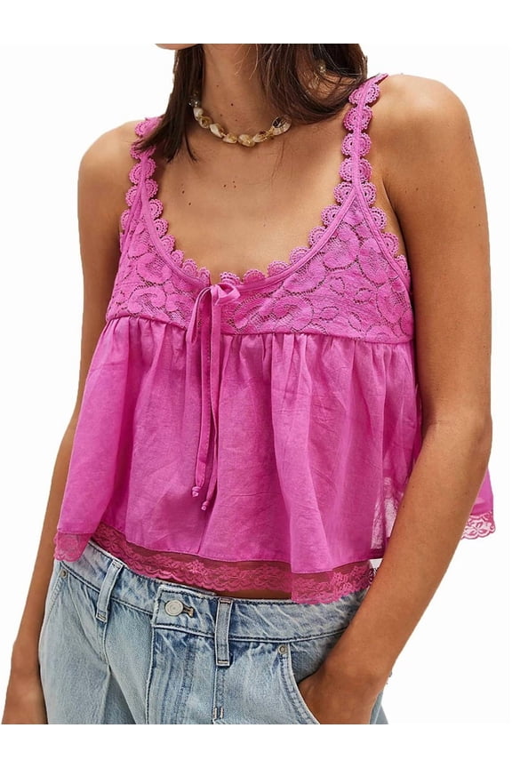 Women Lace Trim Tank Tops Y2k Tie Front Semi Sheer Crop Vest Cute Sleeveless Scoop Neck Flowy Shirt Pink M