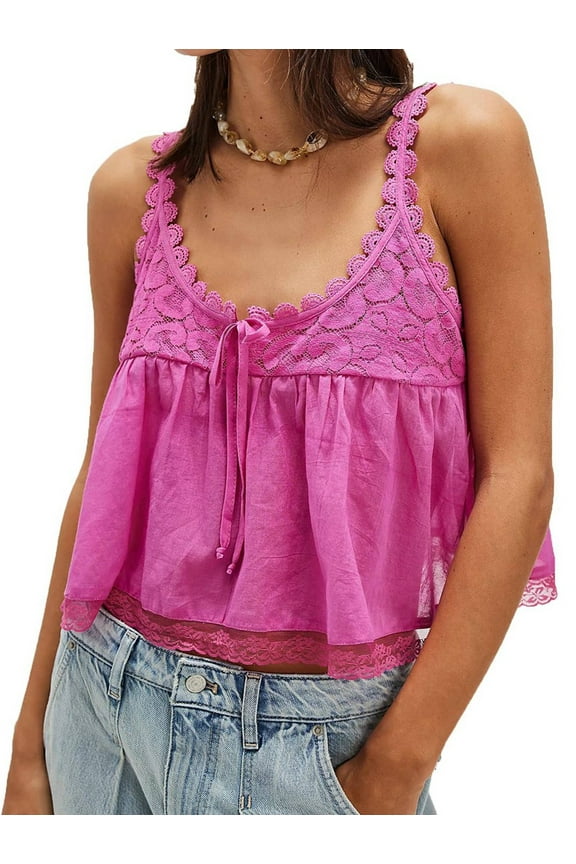 Women Lace Trim Tank Tops Y2k Tie Front Semi Sheer Crop Vest Cute Sleeveless Scoop Neck Flowy Shirt Pink S
