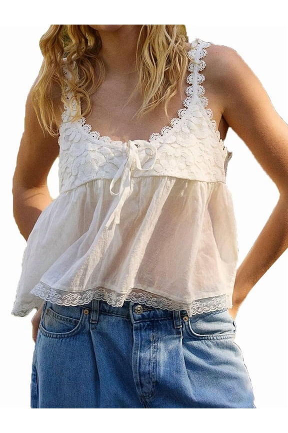 Women Lace Trim Tank Tops Y2k Tie Front Semi Sheer Crop Vest Cute Sleeveless Scoop Neck Flowy Shirt White M