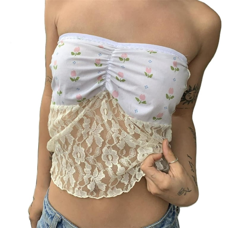 Women Lace Trim Tube Top Sheer Mesh Patchwork Strapless Y2k Going Out  Bandeau Crop Top Vest Sexy Fairy 90s Streetwear E White 