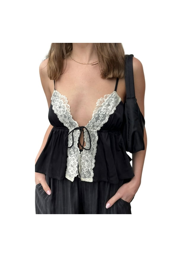 Women Lace Trim V Neck Cami Sleeveless Spaghetti Strap Tanks Vintage Patchwork Slim Fit Camisole Elegant Crop Top
