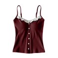 thumbnail image 1 of Women Lace Trim V Neck Cami Tank Top, Spaghetti Strap Front Decor Button Ribbed Knit Slim Fit Camisole, Soft Stretchy Lightweight Sleeveless Layering Shirt for Daily Office Loungewear Outfits, 1 of 6