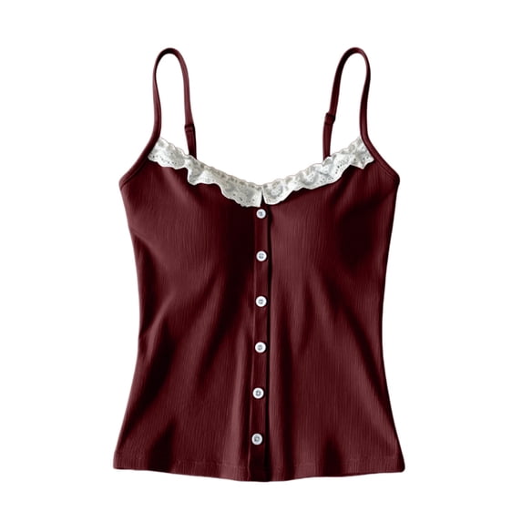 Women Lace Trim V Neck Cami Tank Top, Spaghetti Strap Front Decor Button Ribbed Knit Slim Fit Camisole, Soft Stretchy Lightweight Sleeveless Layering Shirt for Daily Office Loungewear Outfits