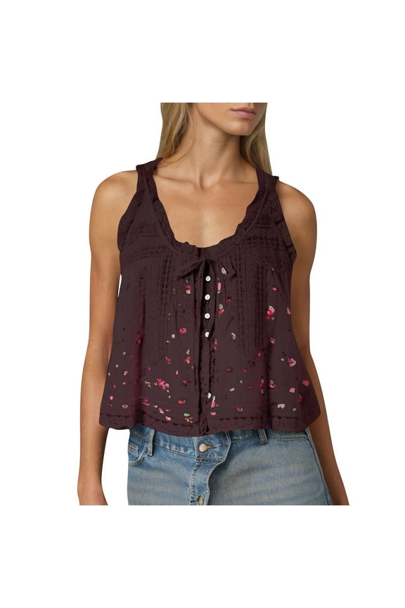 Women Lace Trim Vest Tank Tops Crewneck Semi Sheer Tie Button Front Crop Y2K Going Out Tops Casual Cute Summer Sleeveless Blouse