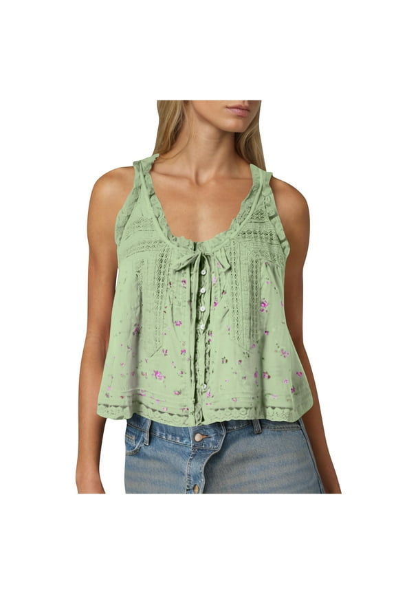 Women Lace Trim Vest Tank Tops Crewneck Semi Sheer Tie Button Front Crop Y2K Going Out Tops Casual Cute Summer Sleeveless Blouse