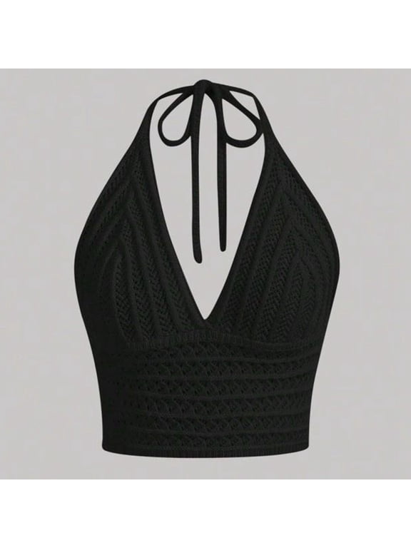 Women Lace Up Backless Crochet Crop Halter Top