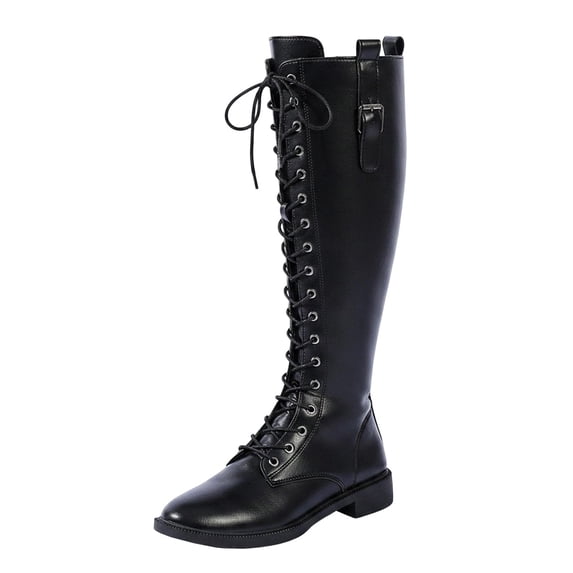 Women Lace Up Knee High Combat Boots Low Chunky Heel Knee Length Boots Closed Toe Tie Up Boots,Flats Knee High Boots Black 6.5(38)