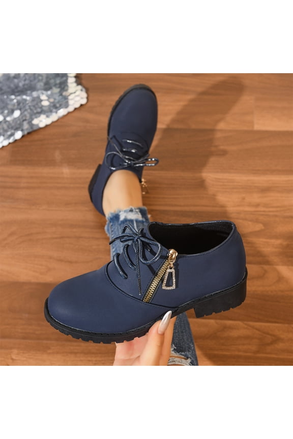 Women Lace Up Oxford Ankle Booties Side Gold Zipper Decor Chunky Low Block Heel Non Slip Autumn Winter Short Boots