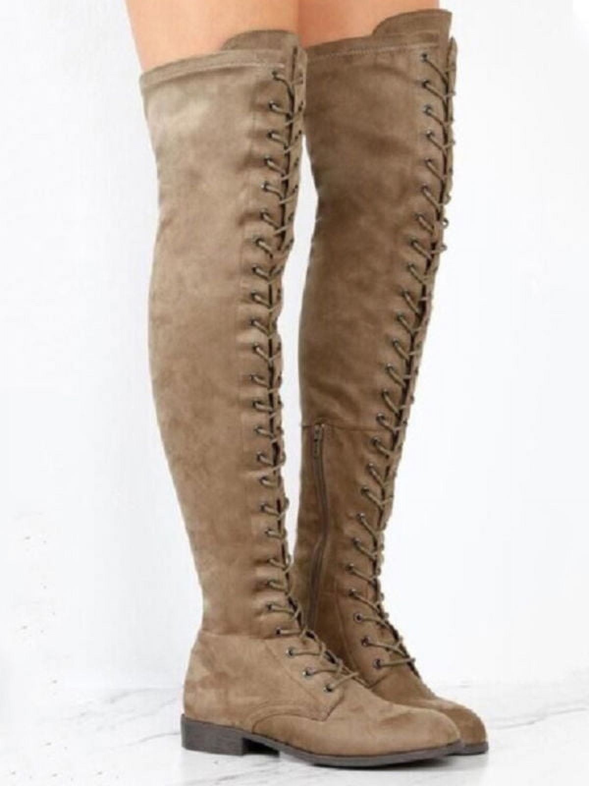 Ladies Thigh High Boots Womens Lace Up Over The Knee Low Heel Flats Shoes  Size