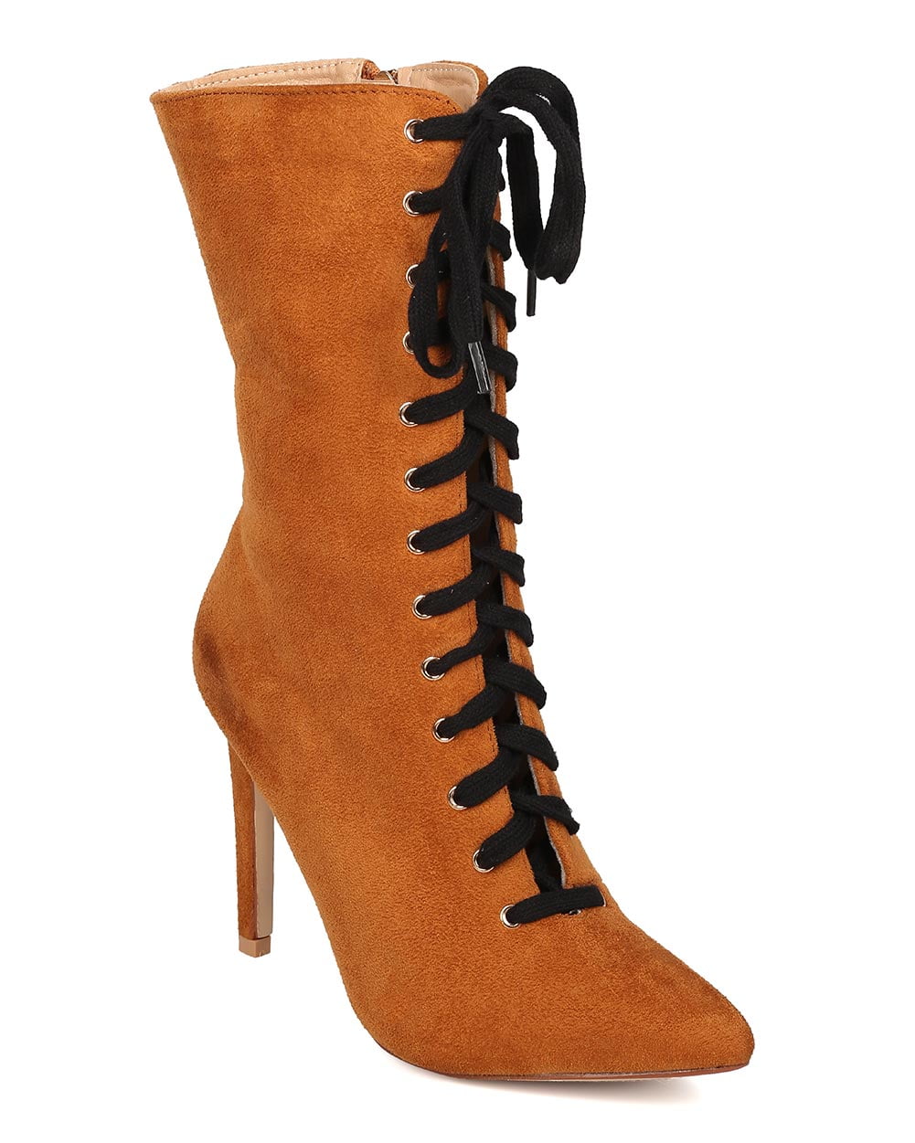 Women Lace Up Stiletto Boot Mid Calf Heel Boot Pointy Toe Boot