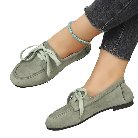 Women Lace Up Suede Loafers, British Style Soft Flat Walking Shoes Non Slip Low Sole