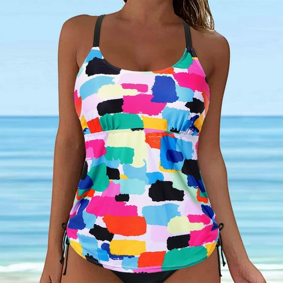 Women Lace Up Swimwear Tankini Set Underwire Full Coverage Bikini Top Push Up Swim Crop Top Tie Back Bathing Suit for Summer Beach