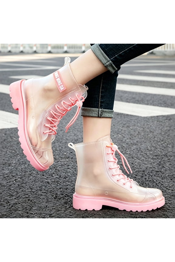 Women Lace Up Transparent Mid Calf Rain Boots, Matte Clear Rubber Martin Style Mud Boots, Chunky Tread Non Slip Sole Fashion Street Footwear Pink 40