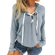 Women Lace Up V Neck Long Sleeve Solid Color Hoodie
