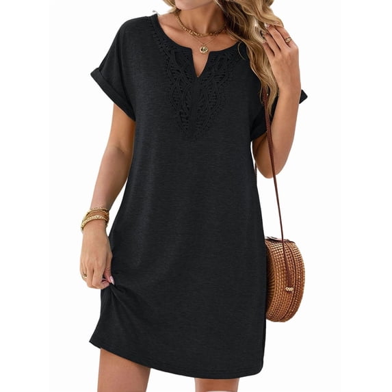 Women Lace V Neck Casual Boho Dress Comfy Short Sleeve Flowy Hem A Line Beach Dress Black XL