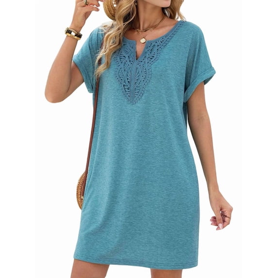Women Lace V Neck Casual Boho Dress Comfy Short Sleeve Flowy Hem A Line Beach Dress Turquoise XL