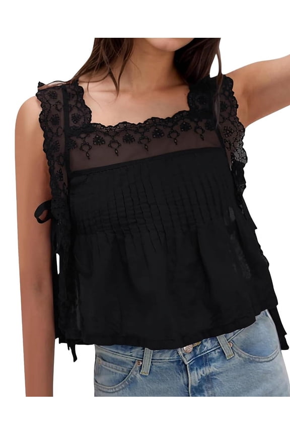 Dycnvjo Women Lace Vest Tanks Y2K Sleeveless Split Side Tie Tank Top Sheer Ruffle Shirt Summer Going Out Crop Tops Black S