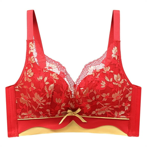 Women Lace Wireless Bra Comfort Strappy Push up Supportive Minimizer Bra Full Coverage Wave Trim Shaping Bralette, Red