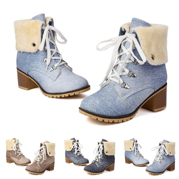 Women Lace up Fold Over Ankle Boots Block Heel Winter Warm Booties Fashion Denim Warm Furry Lined Round Toe Dressy Short Boots