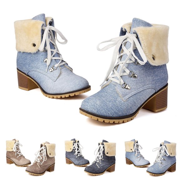 Women Lace up Fold Over Ankle Boots Block Heel Winter Warm Booties Fashion Denim Warm Furry Lined Round Toe Dressy Short Boots