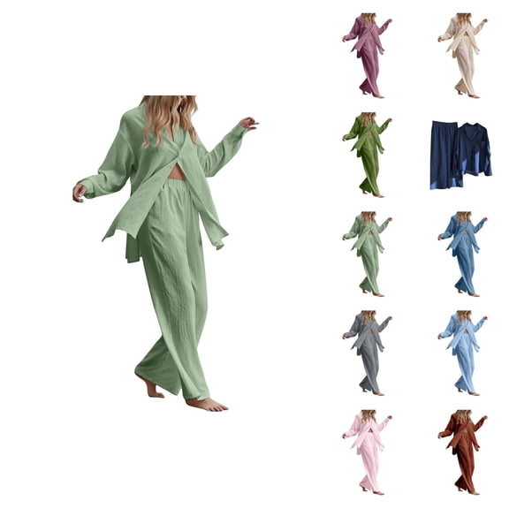 Women Ladies 2 Piece Retro Plus Size And Shirt Suit High Waist Slacks Suit Top Pants Long Sleeve Linen Pants Women