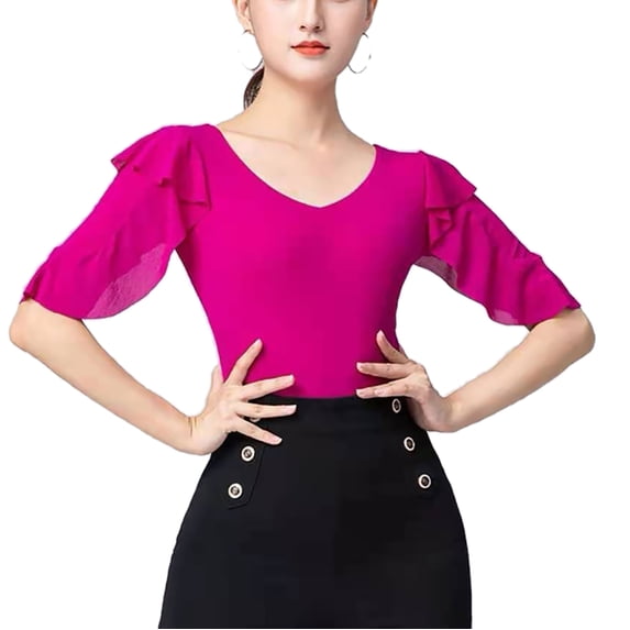 Women Ladies Adult Bodysuit Leotard Body Top Quickstep Viennese Waltz Dance Ruffled Top
