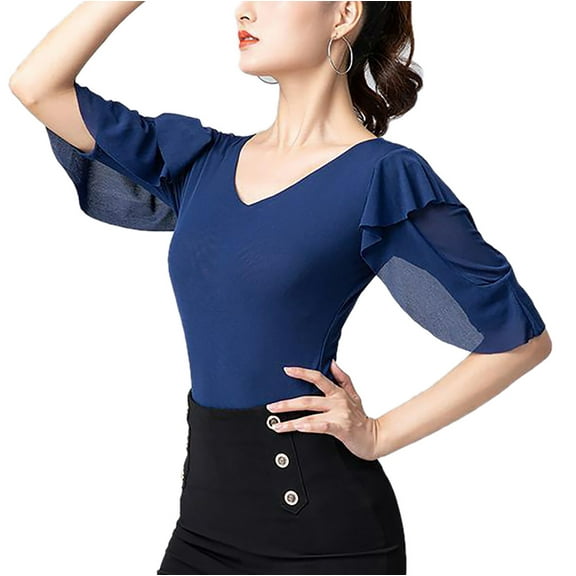 Women Ladies Adult Modern Rumba Waltz Dance Bodysuit Leotard Body Top With Ruffled Shoulder Decorations