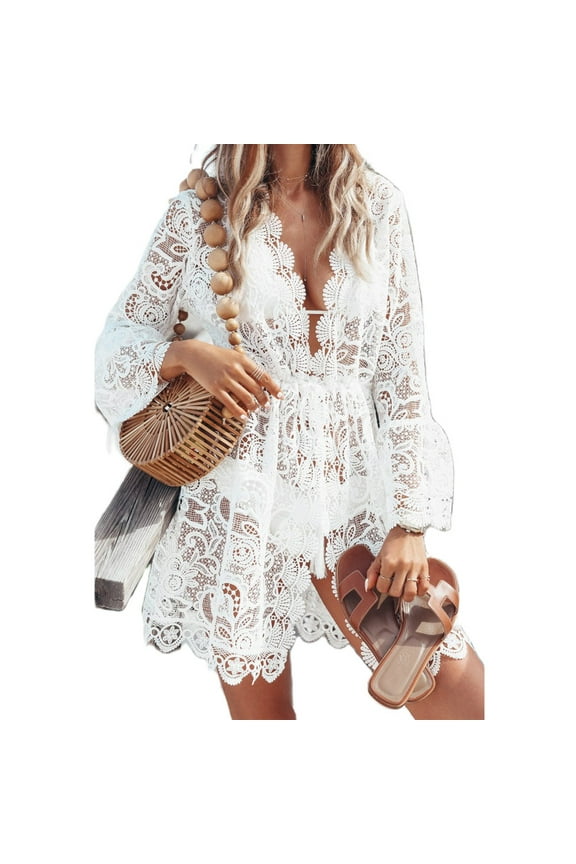 Women Ladies Bathing Suit Lace Crochet Bikini Swimwear Cover Up Casual Beach Lace Dress