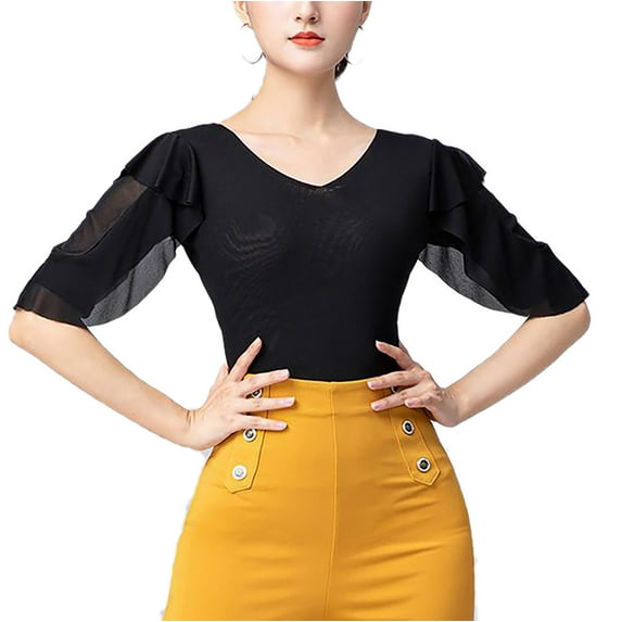 Women Ladies Body Top Viennese Waltz Rumba Dance Bodysuits Frill Sleeve Leotards V Neck