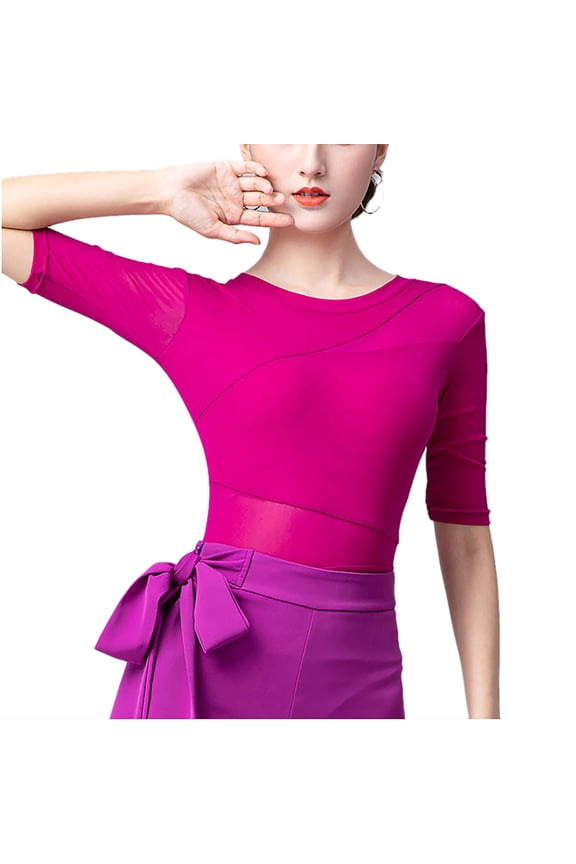 Women Ladies Elbow Length Sleeve Mesh Insert Foxtrot Tango Quickstep Dance Body Top Bodysuits Lertards Outfit