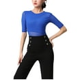 thumbnail image 1 of Women Ladies Elbow Length Sleeve Mesh Insert Merengue Dance Mesh Bodysuit Tops Inner Pants Included W/ Snap Buttons, 1 of 2