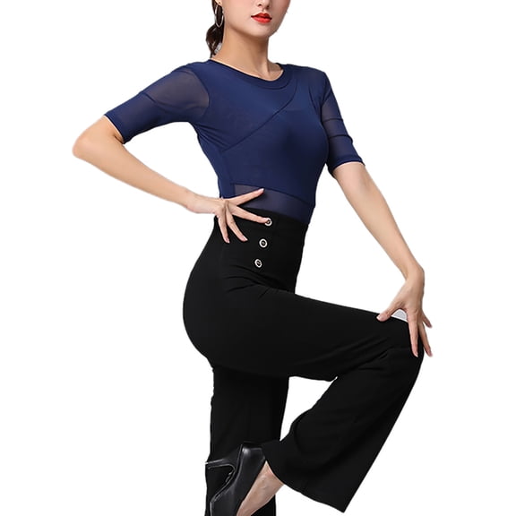 Women Ladies Elbow Length Sleeve Mesh Insert Paso Doble Latin Dancewear Women\'S Bodysuit Snap Crotch