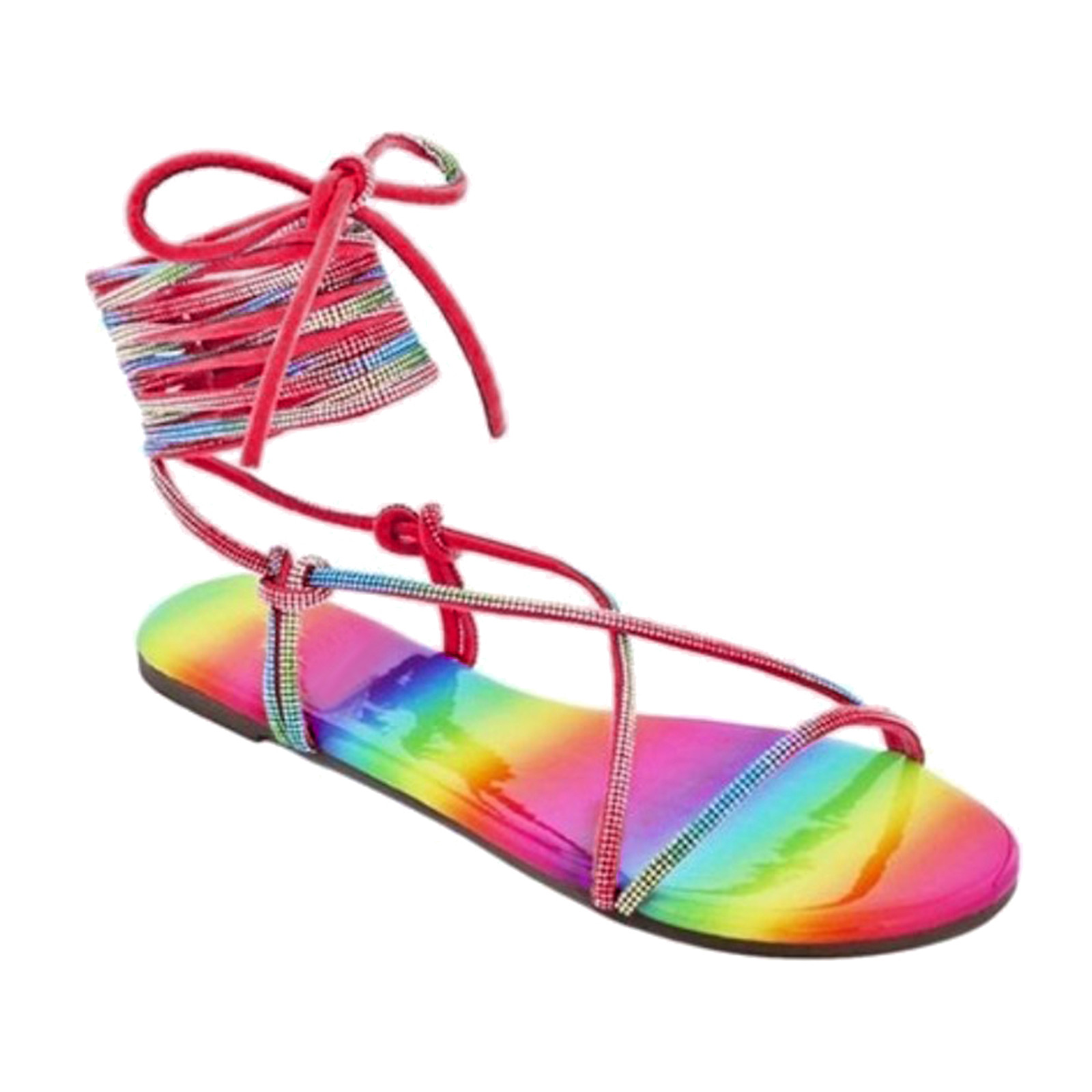 Women Ladies Flat Bling Rainbow Cross Strap Sandals Casual Lace Up