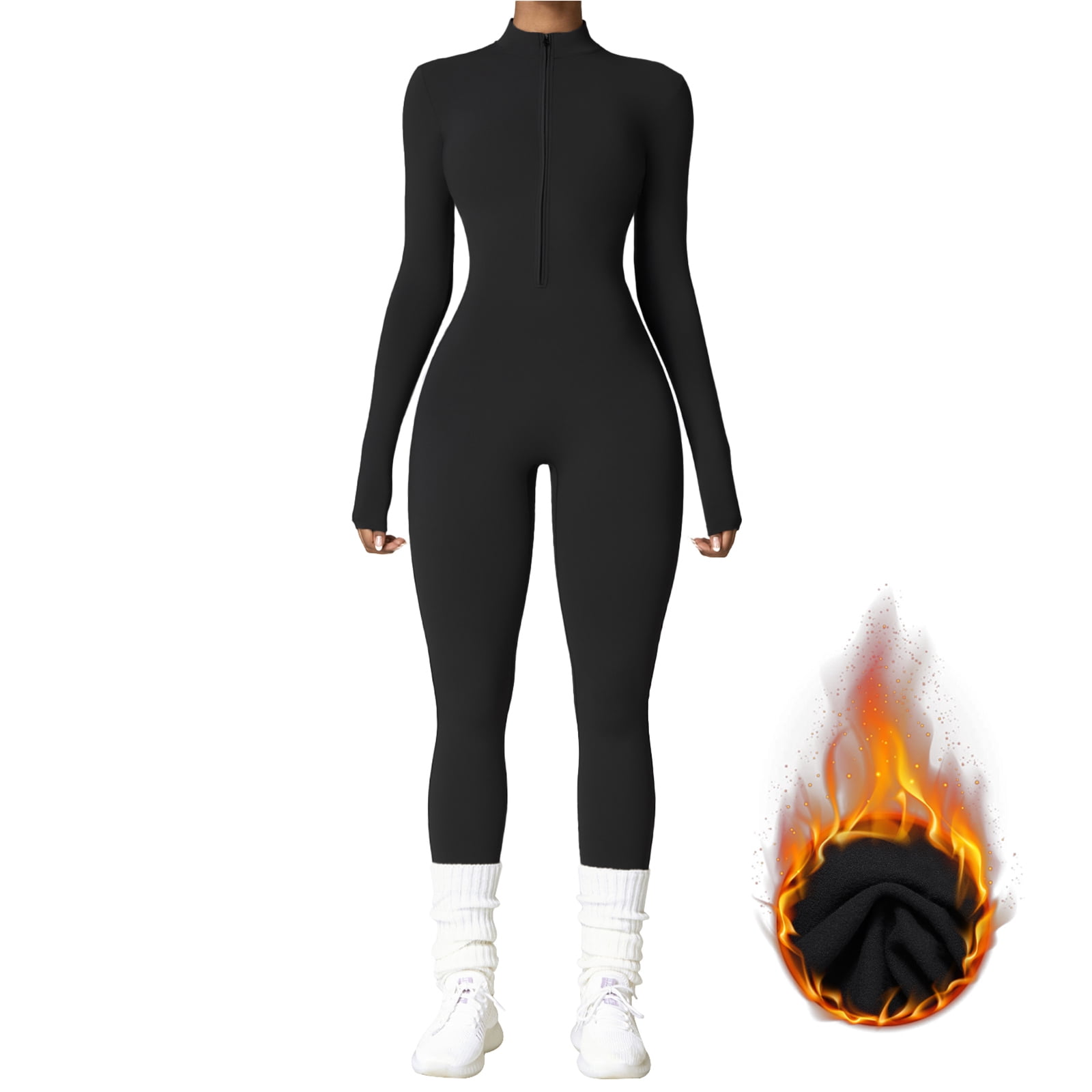 Women Ladies Fleece Warm Themal Padded One-piece Yoga Clothing Long-sleeved With Zip Warm Outer Wear Fitness Sports Jumpsuit Tights Female Sport Gym(S+Premium Black)